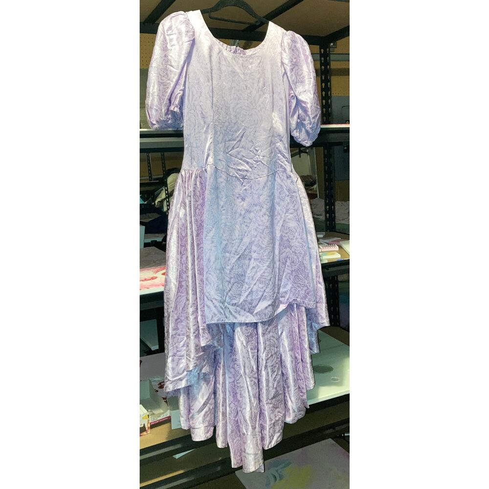 6 M homemade sewn satin periwinkle purple dress high low short puff sleeve